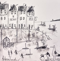 Harbour Sketch III by Rebecca Lardner - Original Drawing on Mounted Paper sized 9x9 inches. Available from Whitewall Galleries